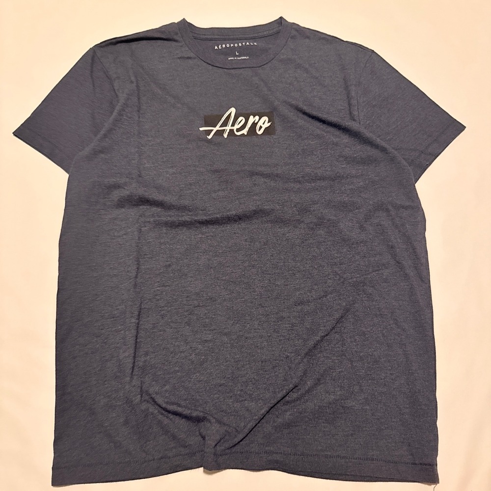 Aeropostale T-Shirt Men Large Blue Heather Aero Script Box Logo Short Sleeve Tee